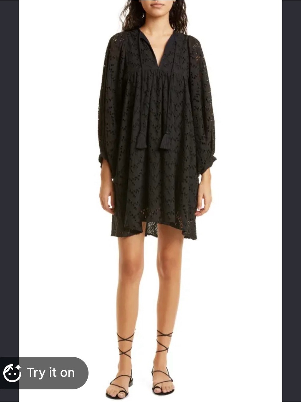 Mille Daisy Black Eyelet Puff Sleeves Tie-Neck Mini Dress Size Small Resort wear